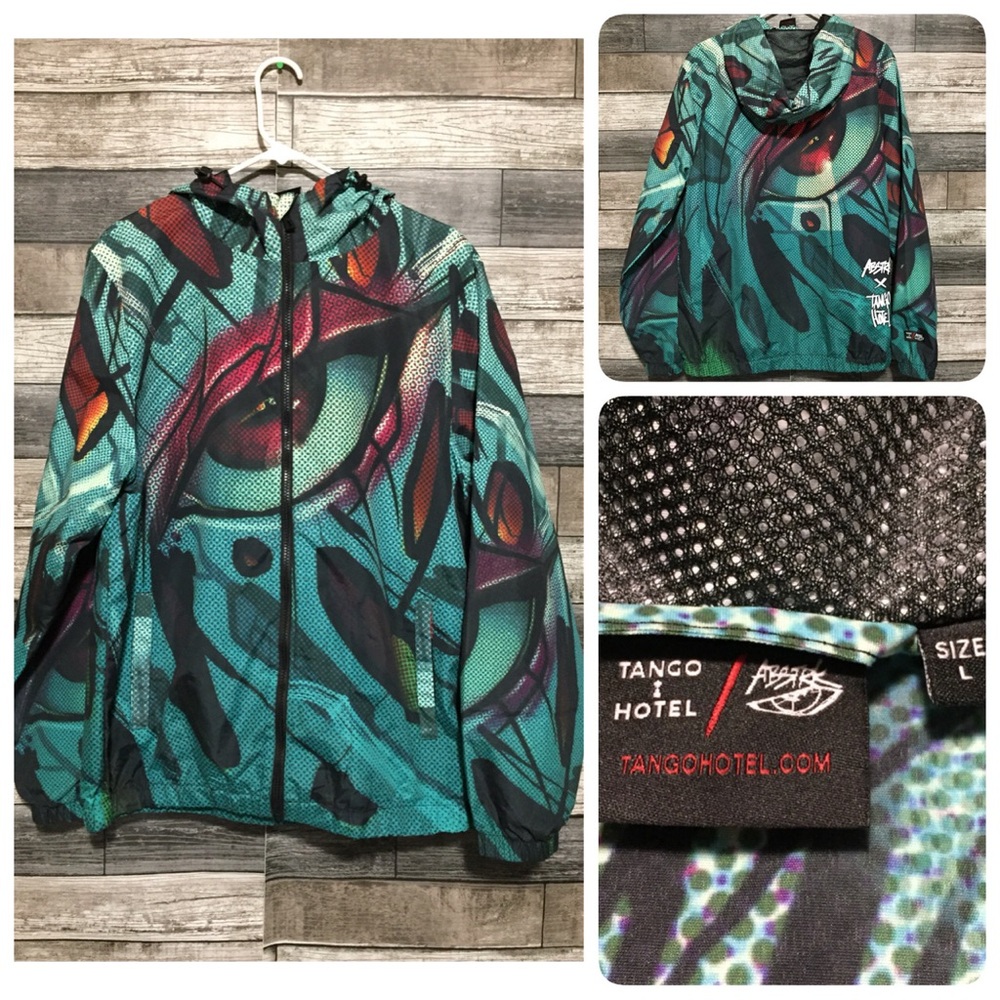 Tango Hotel Abstrk Hooded Windbreaker Jacket Men’s L Blue Full Zip